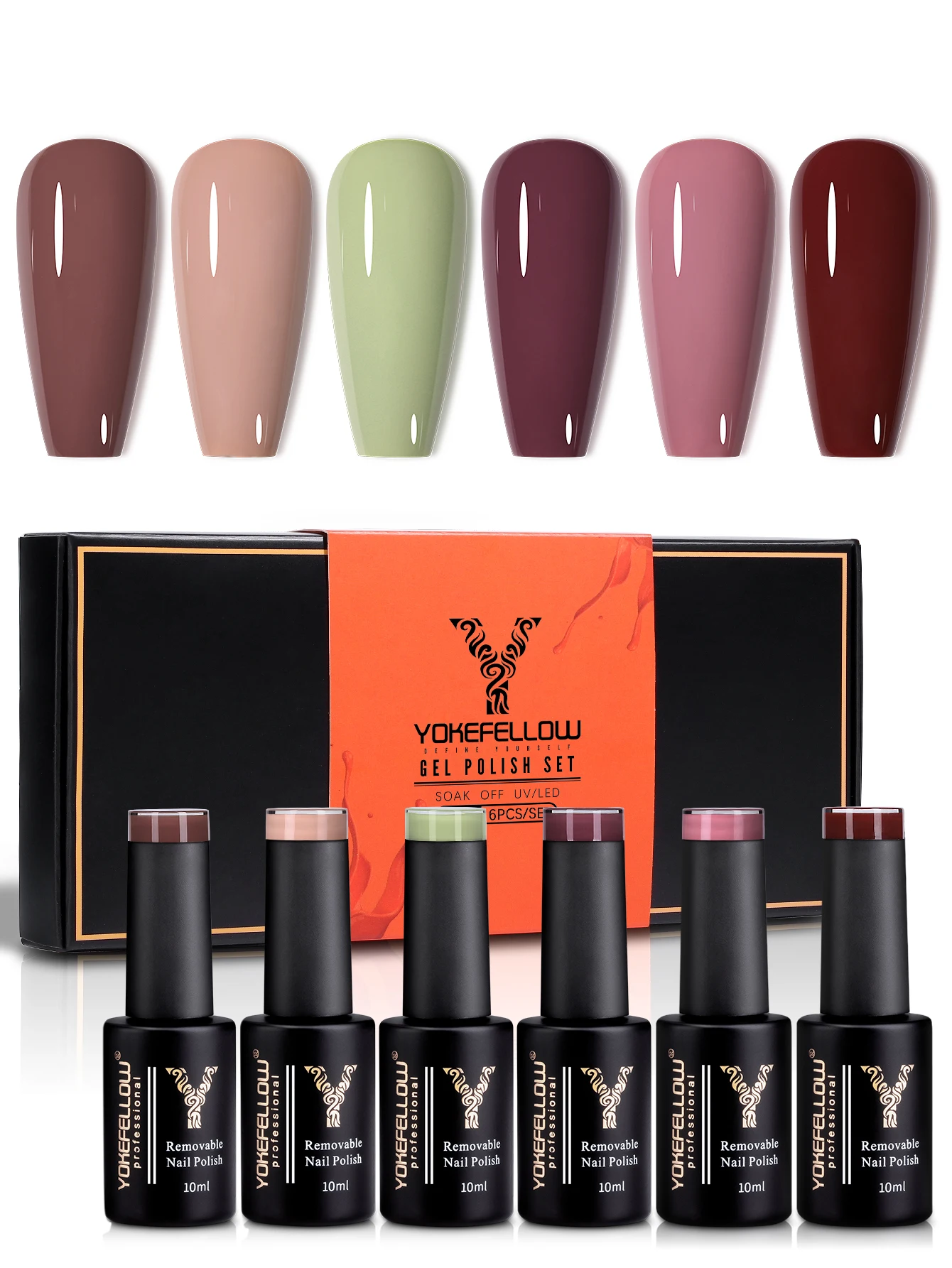 YOKEFELLOW Gel Nail Polish Set 6PCS 10ml Nude Rich Pigment Soak Off Low Odor Long-Wear Gel Varnish for Professional Manicure