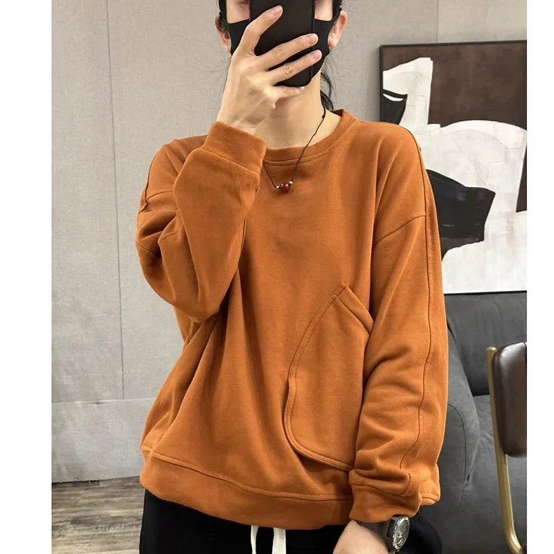 Spring Autumn New Arts Style Women Long Sleeve Loose O-neck Pullovers Single Pocket Basics Casual Cotton Solid Hoodies P92