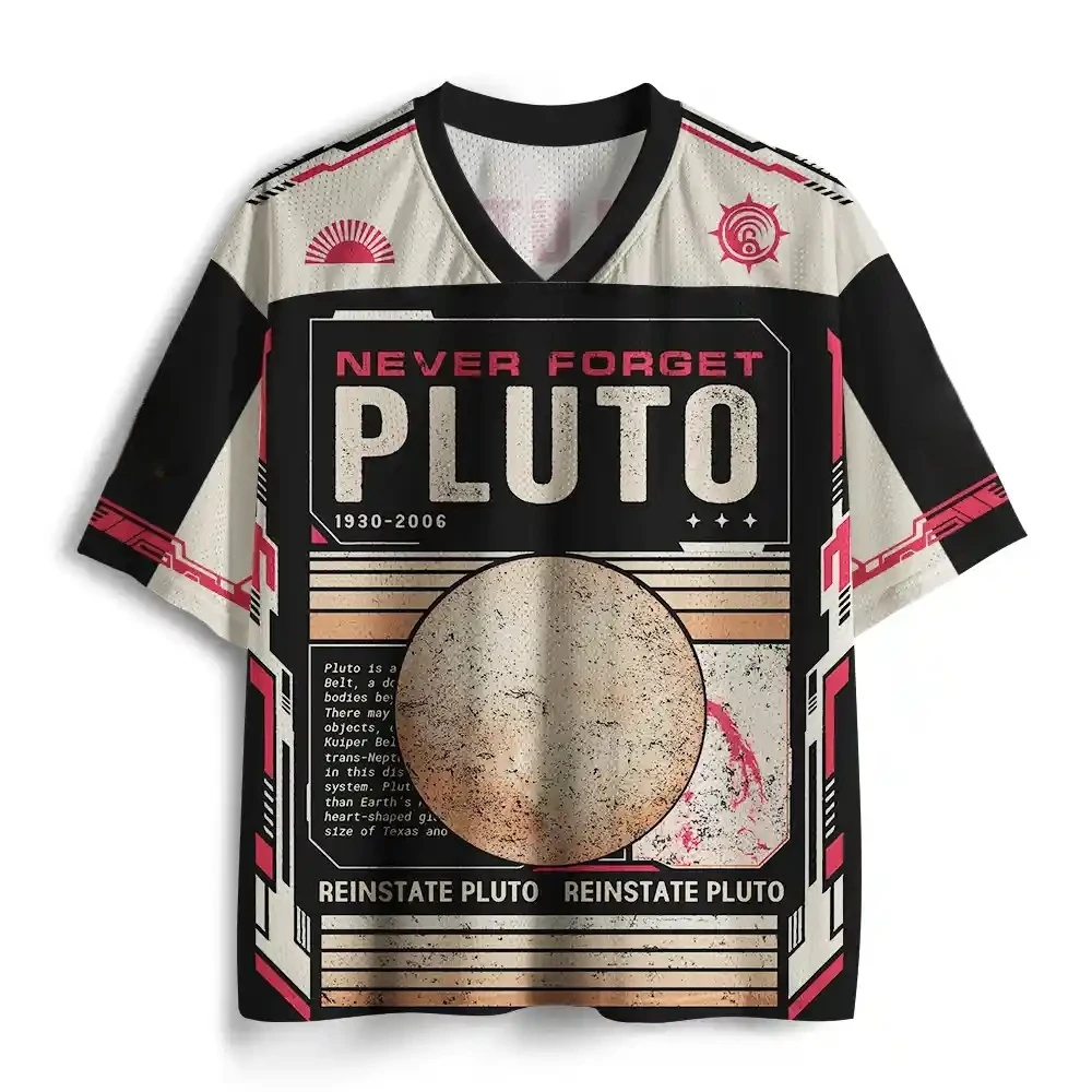 Retro Durable Texture Planet&Tech Border Full Print Mesh V-neck Sportswear Breathable Short Sleeve Space Street Casual Top