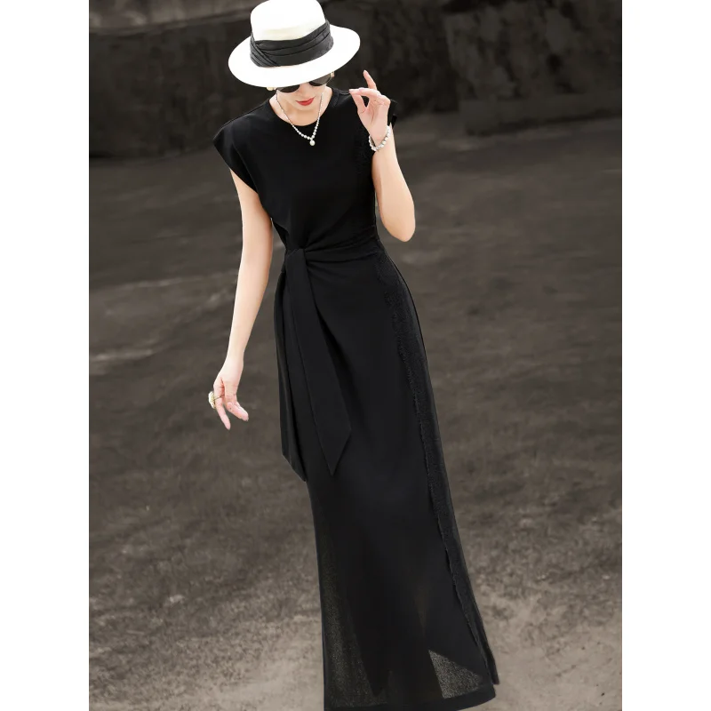 MEXCOCO 2026 New Summer Elegant Round Neck Cap Sleeve Side Lace Panel Tie Wrap Waist High Slit Slim Maxi Dress