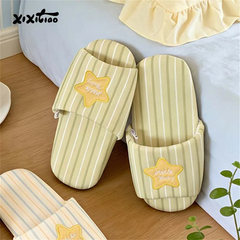 XIXITIAO Indoor Stripe Slippers Women Men Four Seasons Couples Star Embroidery Open-Toe Soft Light Home Flat Floor Shoes Unisex