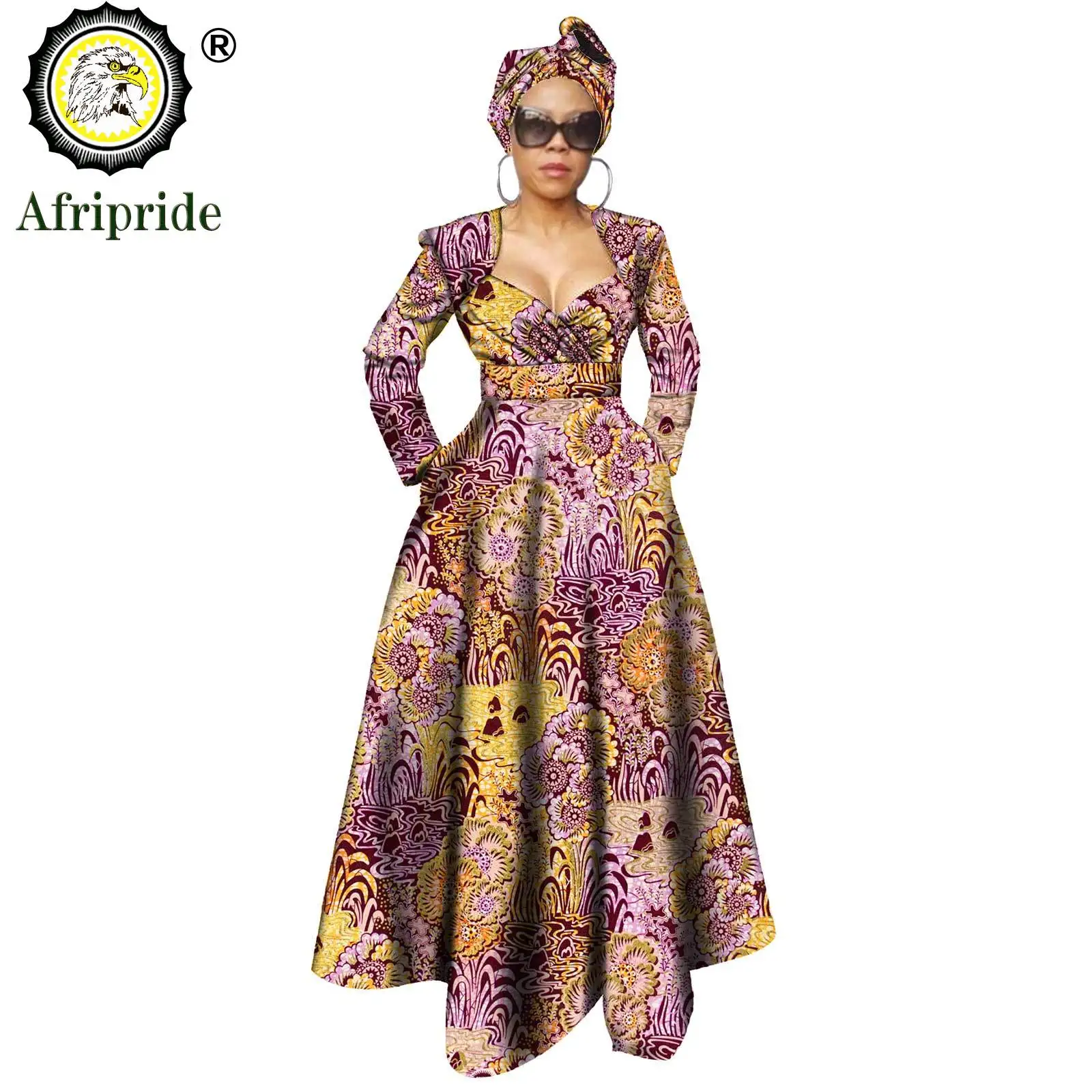 African Dresses for Women Ankara Print Dress + Headwarp V Neck Long Maxi Party Dress Dashiki Outfits Wax AFRIPRIDE S1925106