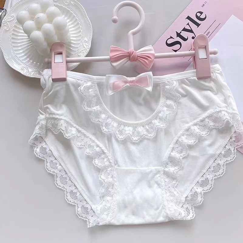 14Yrs+ Girls Lolita White Lace Panties Sweet Cosplay Bow Knot Maid Underpants Young Girl's Low Waist Briefs Girlhood Gifts