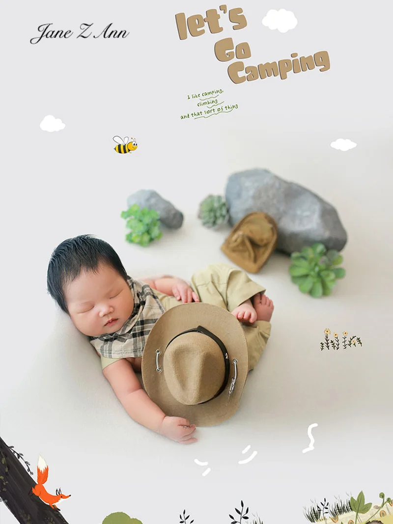 Baby boy girl camping theme photography props hat+scarf +clothes newborn shooting