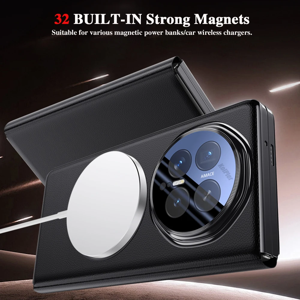 Magnetic Wireless Charging Leather Case for Honor Magic V6 360° Ring Stand Smart View Window, Full Body Protective Flip Cover