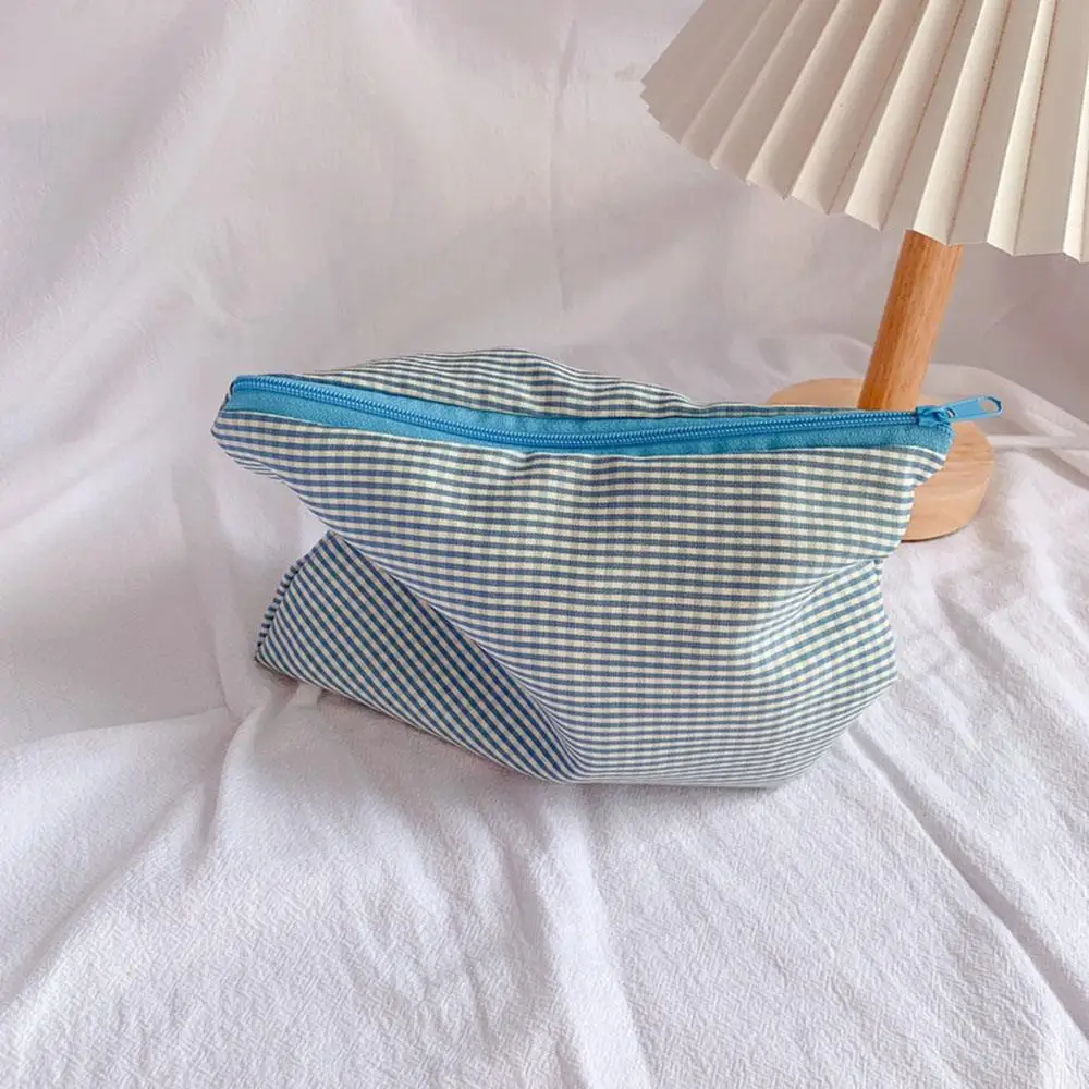Simple Plaid Makeup Bag Cotton Polyester Zipper Pouch Purse Large Capacity Storage Bag Fashion Cosmetic Bag Portable Makeup Bag