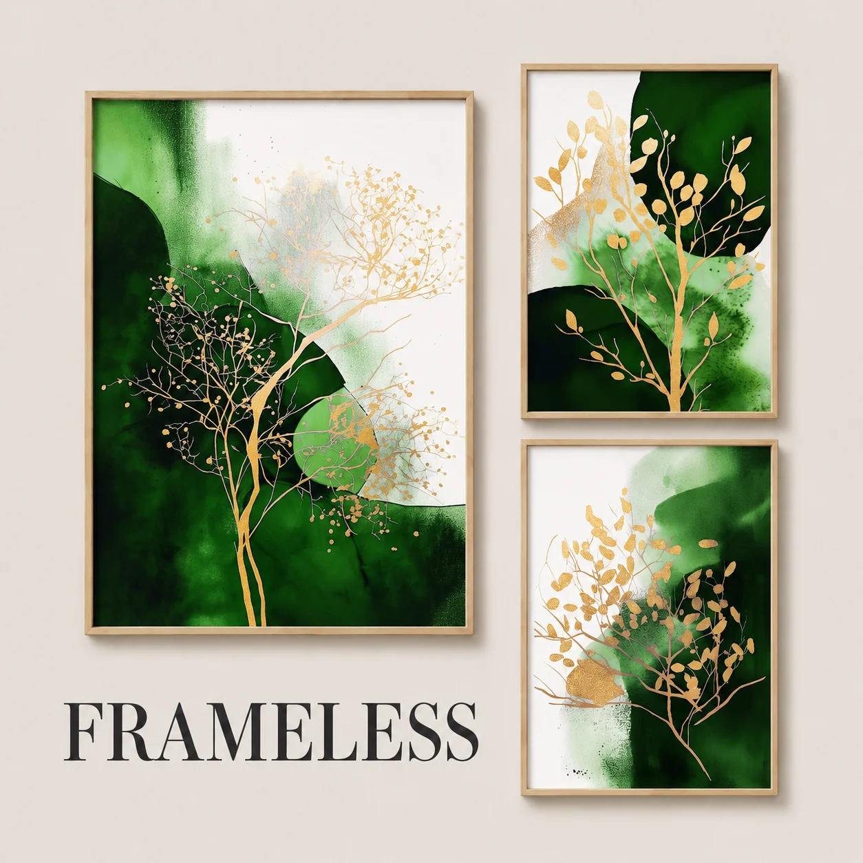 Emerald & Gold Botanical Art, Shapes Abstract Wall Art,Watercolor art prints, Modern Hallway Print, Minimalistic Green Art Decor