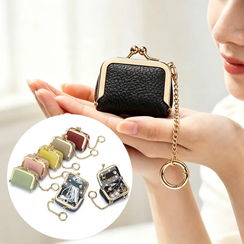 Ladies Tiny Genuine Leather Kiss Lock Purse with Chain Ring Mini Clasp Pouch for Coins Rings Earrings Small Accessories Storage