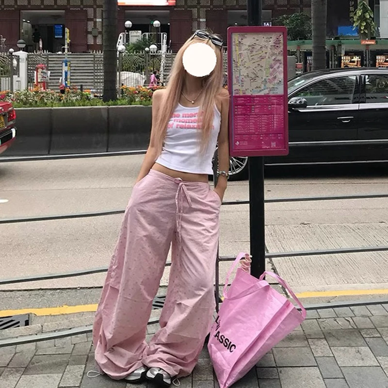 Y2K ピンクカーゴパンツ女性ストリートスタープリントだぶだぶのスウェットパンツギャル原宿ワイドレッグジョガー夏のファッションカジュアルズボン