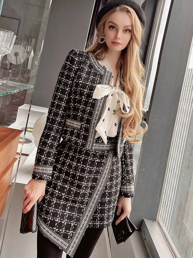 French Small Fragrance Style Pattern Chunhuani Winter Slim Top Half Skirt Two Piece Suit Women