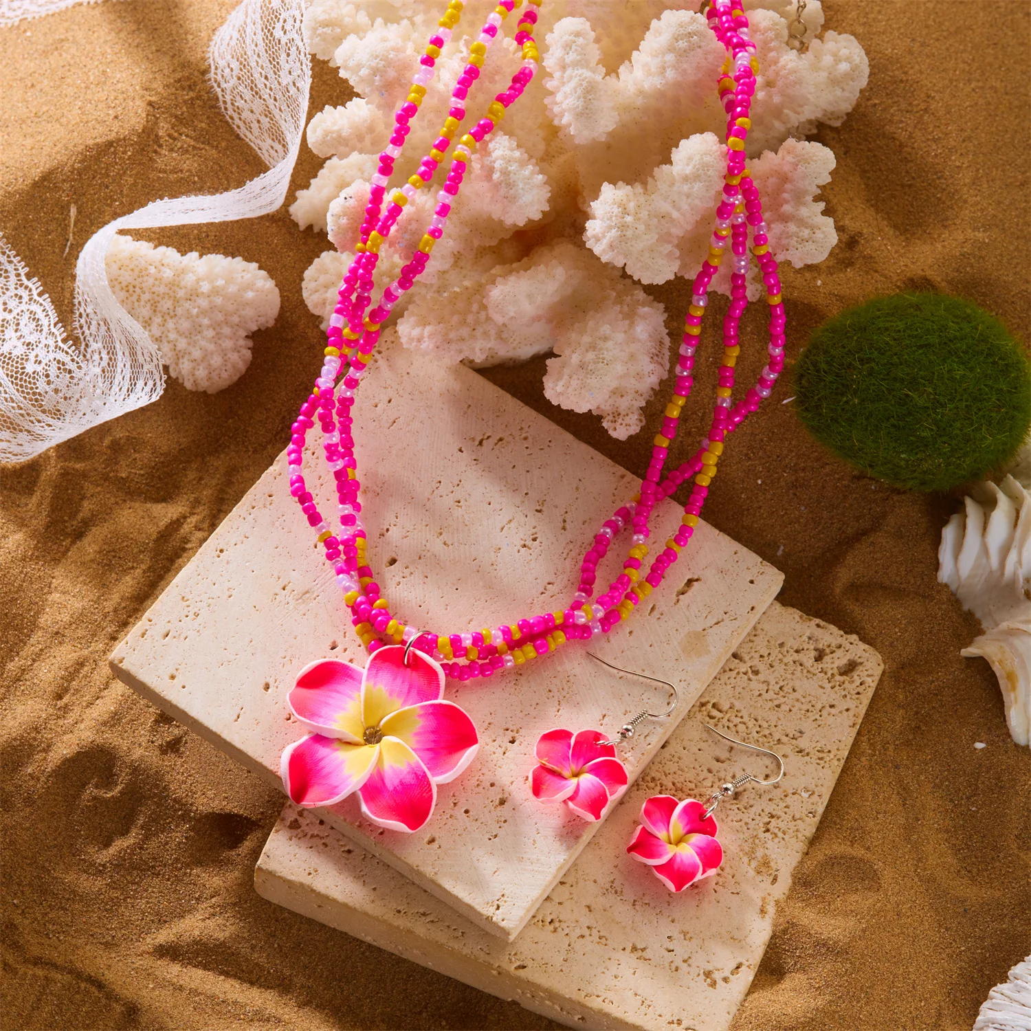 Einfaches Mehrschichtiges Reisperlen-Ketten- und Ohrring-Set für Damen, Trendige Polymer-Clay-Blumen-Halskette, Böhmischer Schmuck als Geschenk – Detail 6