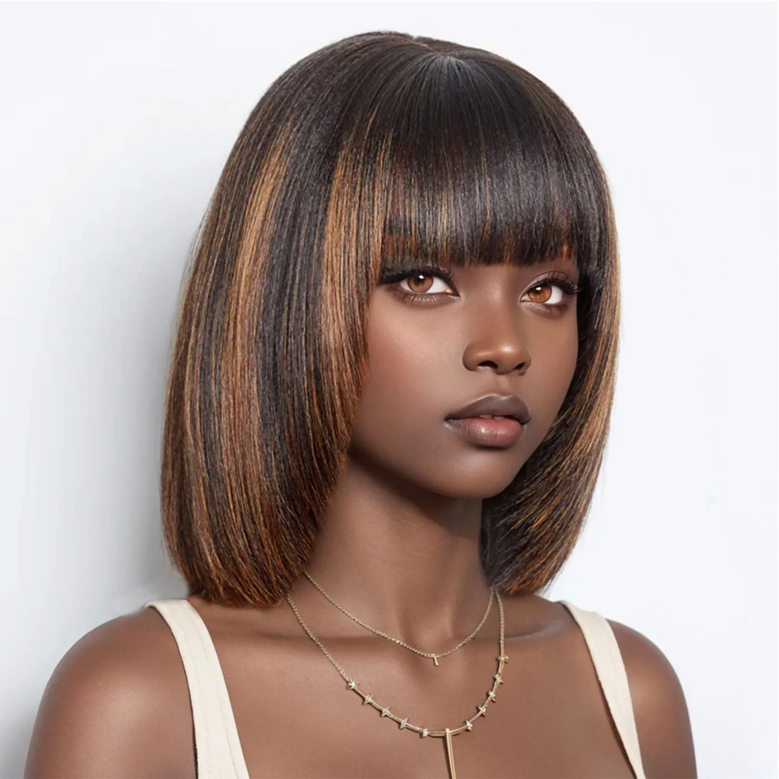 Highlight Ombre Short Straight Bob Wig With Bangs Human Hair Wigs 2x1 Lace Front Wig For Women 1B/30 Color Straight Bang Bob Wig