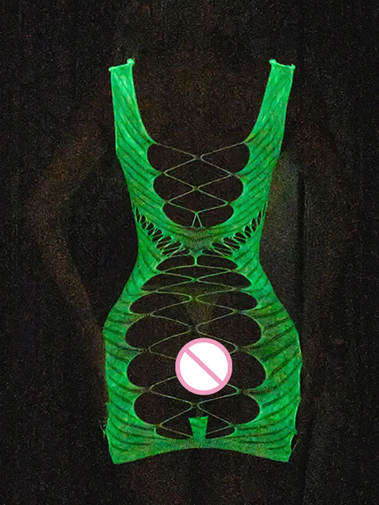 Mini robes moulantes en résille avec gants, ultra mince, brillant dans le noir, motif papillon, découpe, brillant, léger, sexy