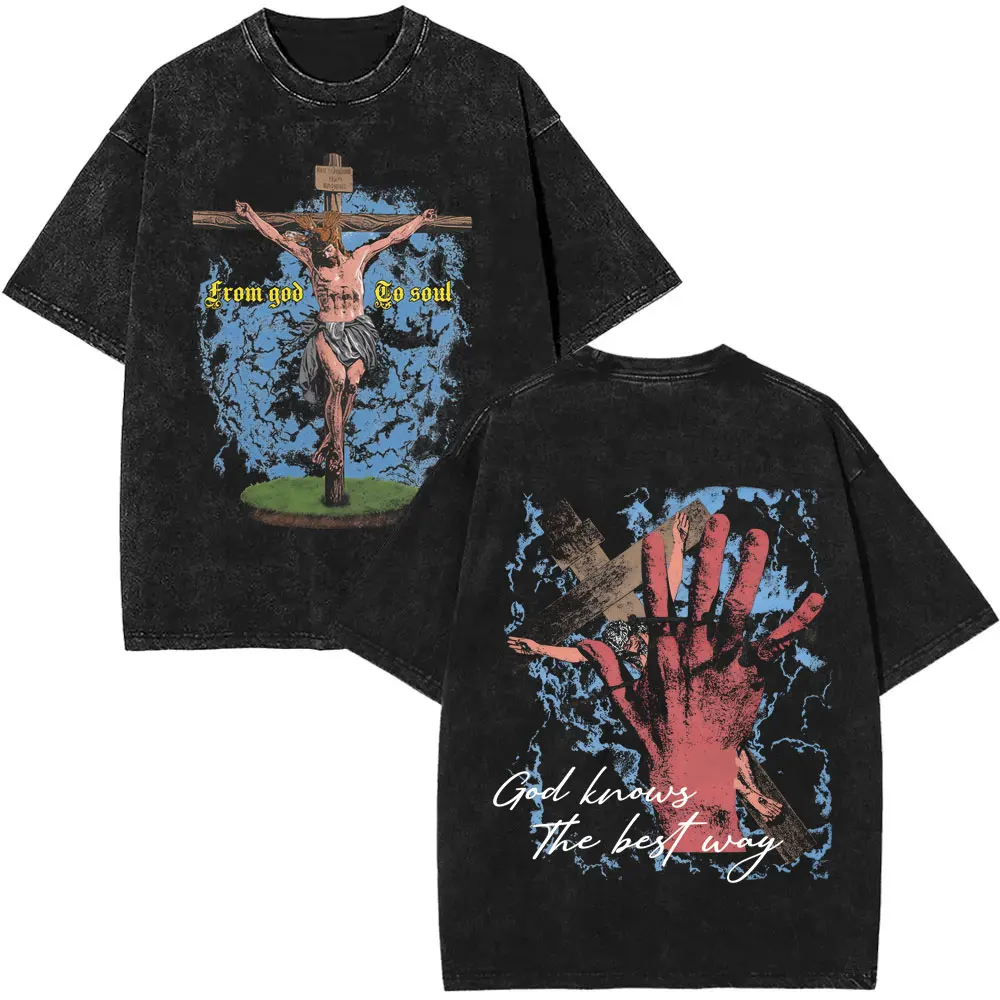 غسلها خمر المسيحية يسوع نعمة من الله الجرافيك تي شيرت الرجال النساء الملابس موضة عادية المتضخم Crewneck تي شيرت