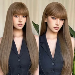 Synthetic Wigs Long Silky Straight Natural Brown Women Hair Wigs with Bangs Heat Resistant Daily Party Cosplay Use for Girls Wig
