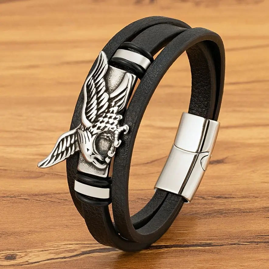 XQNI Animal Eagle Bracelet for Men Hand Multi-Layers Black Leather with Magnetic Charm Bracelet Clasp Boyfriend Jewelry Gift