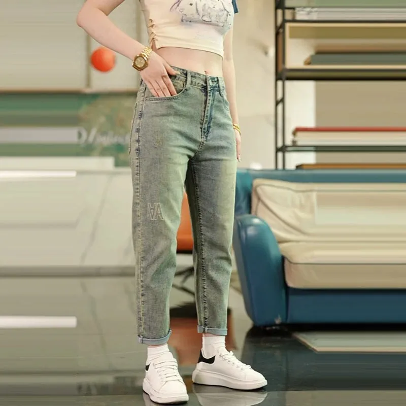 Waed Denim Calças masculinas de 9 peças American Retro Mud Color Casual Faionable Loose Fit Algodão Jeans de perna reta