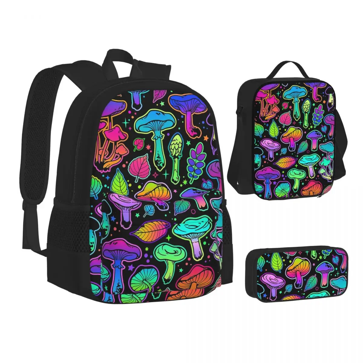 Psychedelic Magic Rainbow Mushrooms Backpacks Boys Girls Bookbag School Bags Children Rucksack Lunch Bag Pen Bag Three-Piece Set
