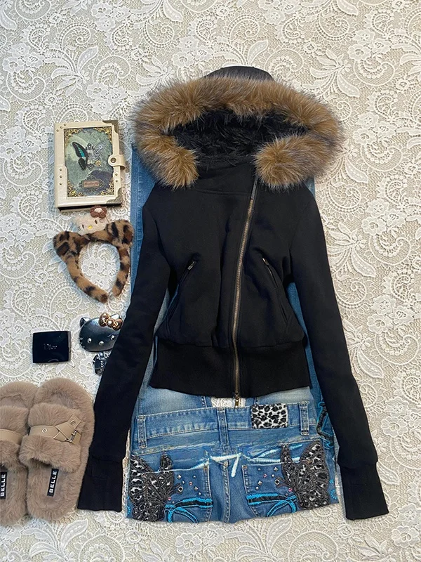 

Slim Fit Hooded Sweatirt Women's Bla Fur Collar Jaet Cool Sle American Retro Outerwear Straight Tube pe Long Sve