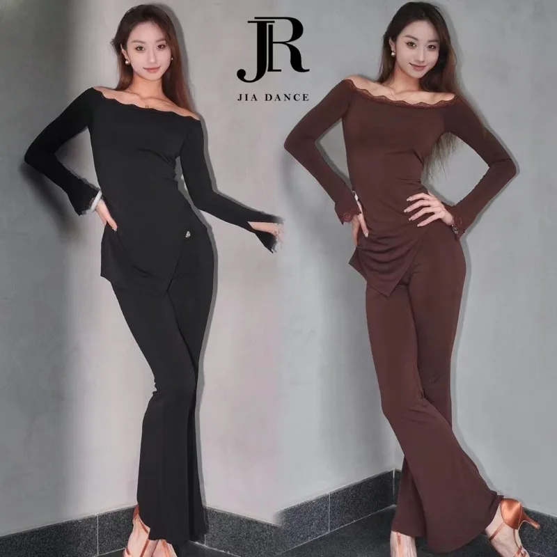 맞춤형 라틴 댄스 유니폼 한쪽 어깨 긴 소매 탑 가슴 패드 포함 연습복 여성 성인 교사용