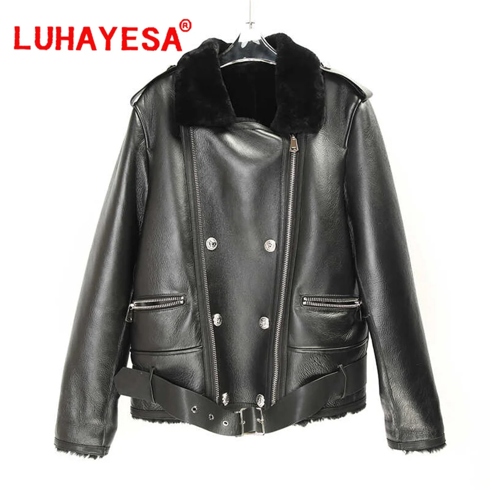 Luhayesa-Veste en peau de mouton mérinos pour femme, vêtements en peau de mouton, noir, cuir véritable, Australie, hiver, 2024