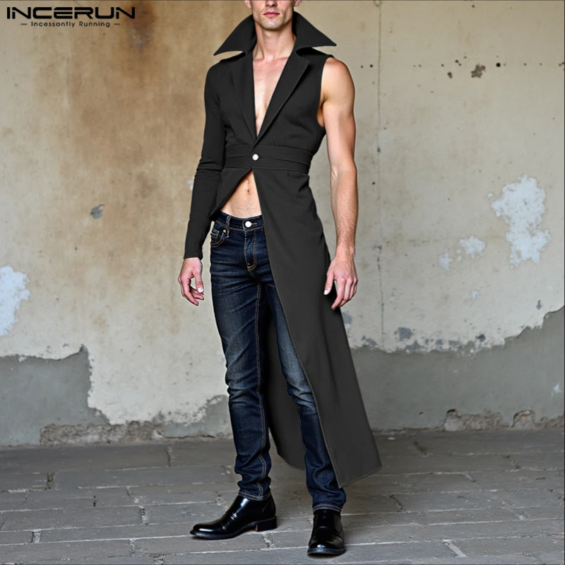 INCERUN Men Irregular Blazer Solid Color Lapel Asymmetric Sleeve Long Style Suits Streetwear 2025 One Button Fashion Outerwear