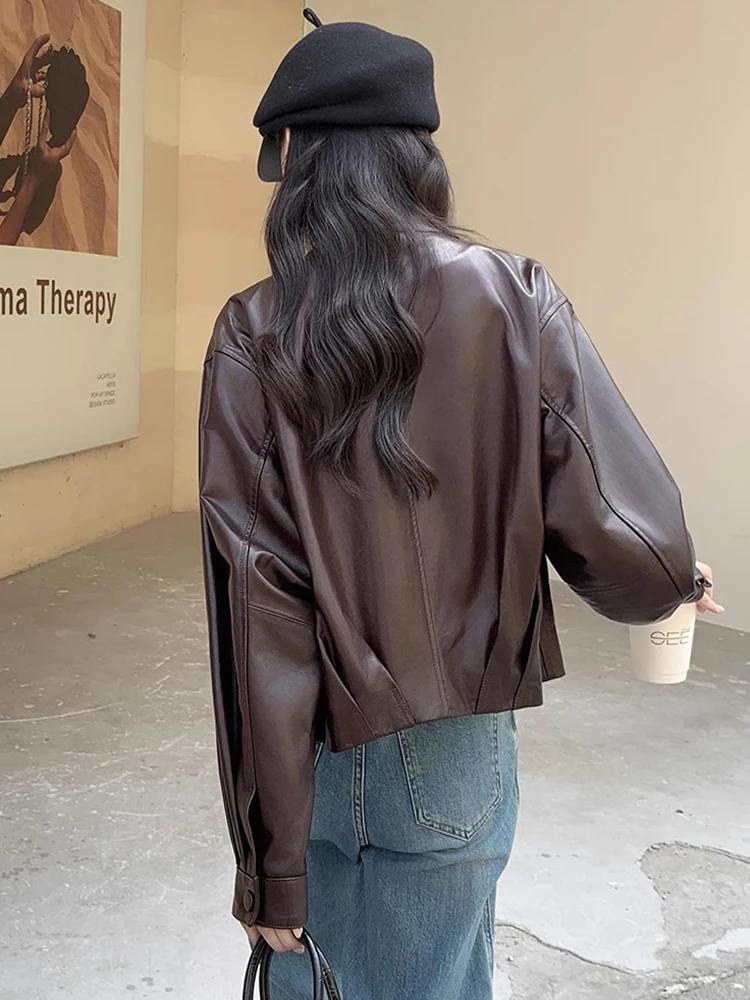 Casual Genuine Leather Motorcycle Jackets for Women Spring Autumn High-end Simple Stand Collar Slim Short Real Sheepskin Coat