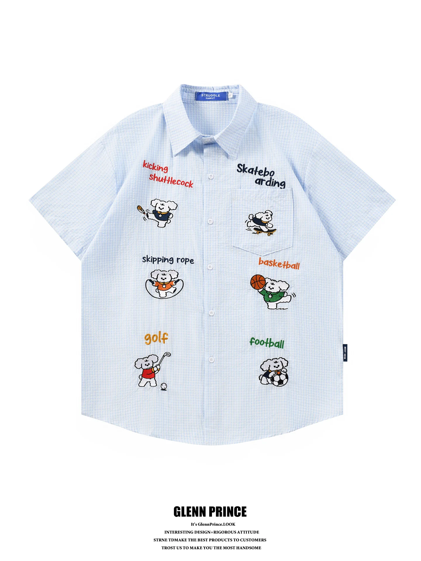 

GPstudio Trendy Cartoon Embroidery Texture Plaid Short Sleeve Men's Shirt Versatile Creative Fun Top Polyester Fiber Summer Wear