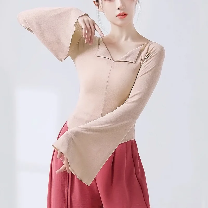 ملابس ممارسة الرقص، ملابس الرقص للتدريب الأساسي، قميص سفلي بياقة كلمة واحدة، نحيف ورقيق، لون كلاسيكي