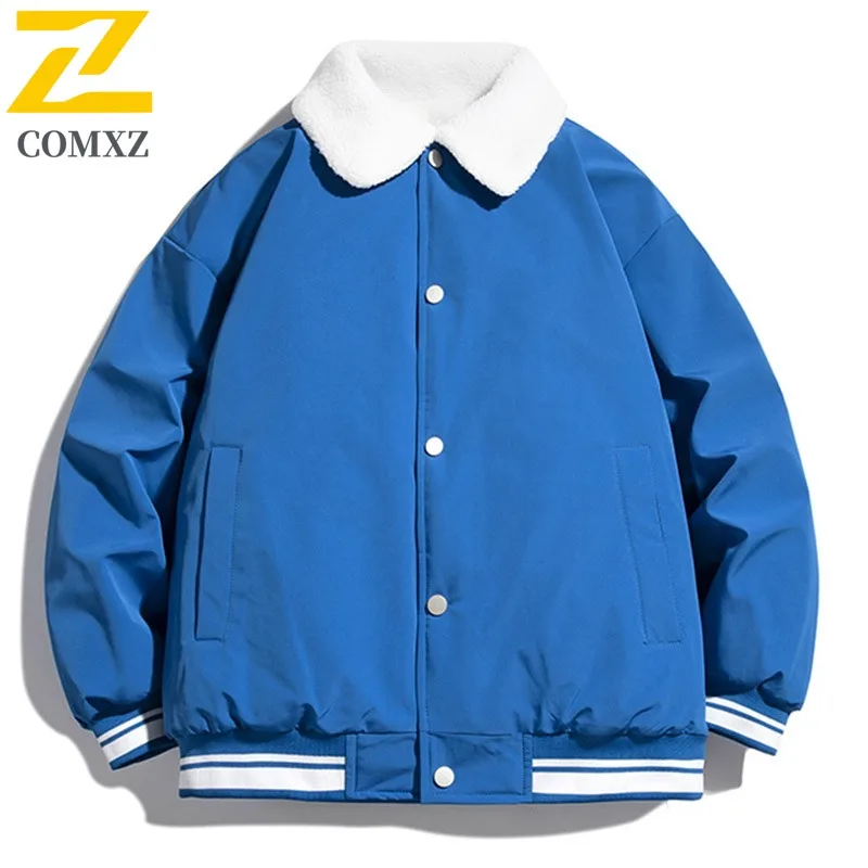 COMXZ 2025 Autumn Winter Sherpa Print Collar Cotton Jacket Unisex Loose Fit Thick Warm Outwear tactics lightweight windbreaker