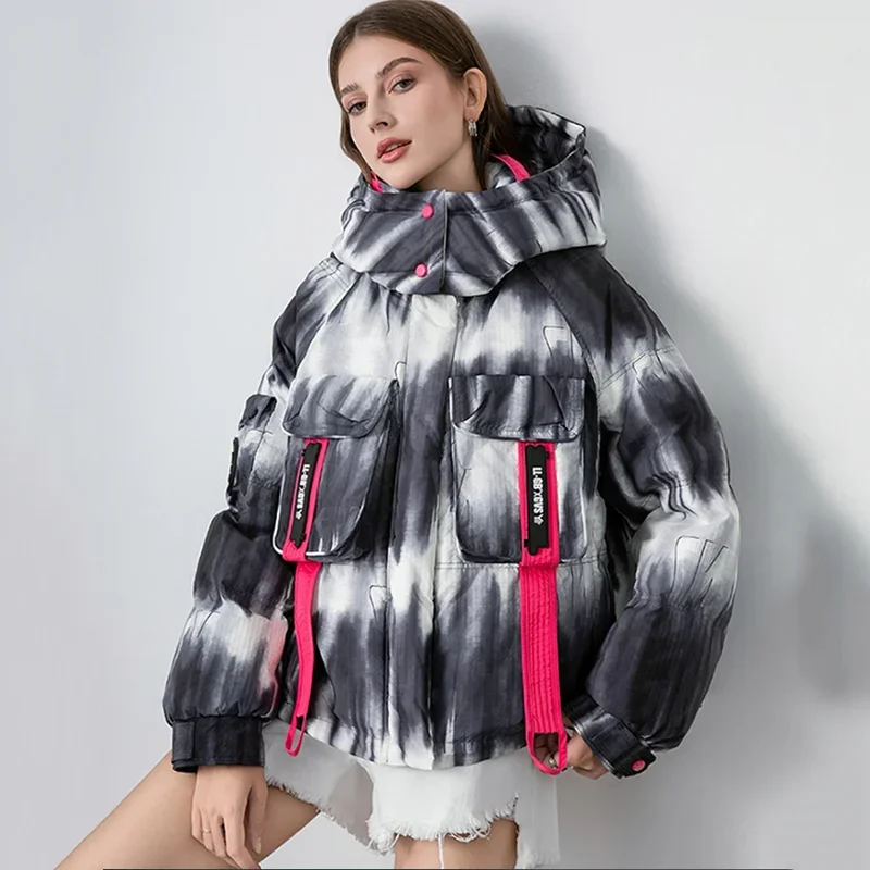 

Female White Duck Down Thick Down Jackets Women Big Pocket Quilted Outwears Winter Gradient Removable Hooded Down Jacket Parker