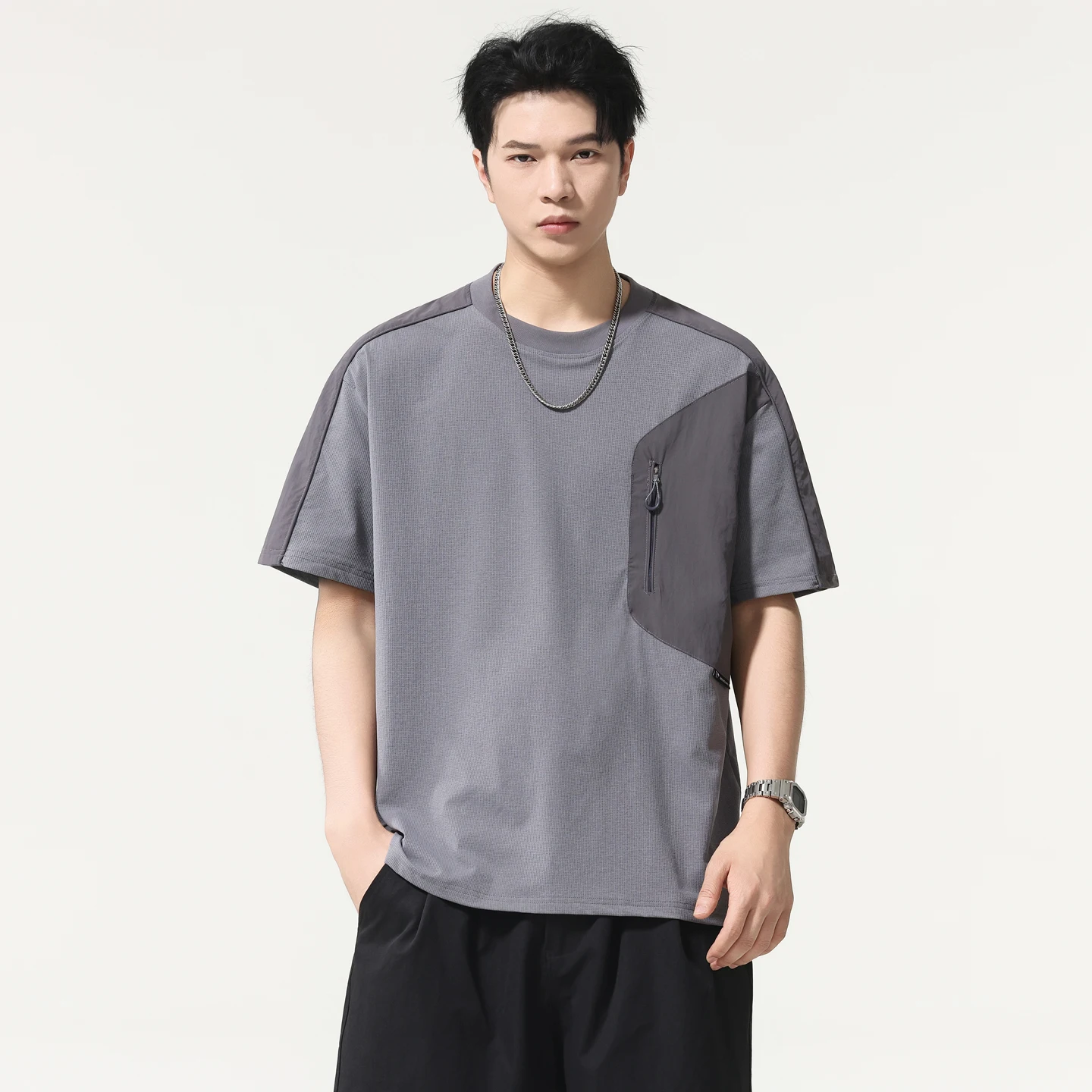 Men Summer Streetwear Fashion Loose Casual Short Sleeve Splice Pocket Plus Size T-Shirt Men's Mountain Outdoor T Shirts Tops