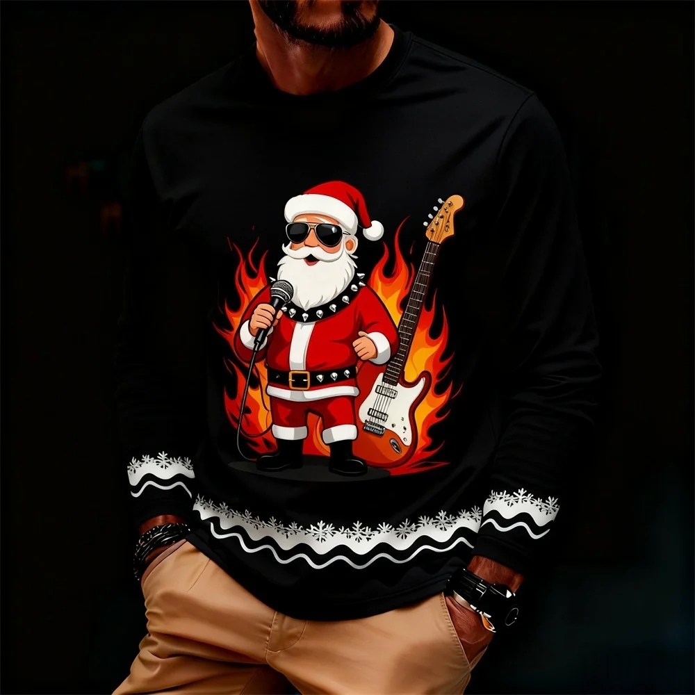 Christmas Men's Long-Sleeve T-Shirt Top 3D Santa Claus Design Stylish Streetwear Oversized Sweatshirt Holiday Party Attire