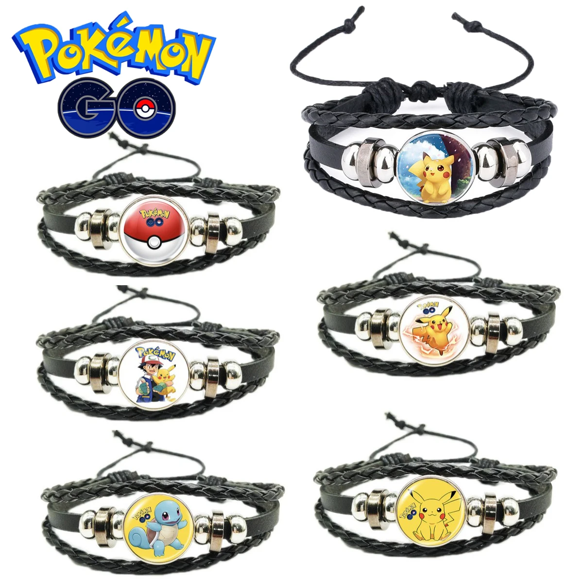 Pokemon Woven Bracelet Annime Pikach Gem Multilayer Bracelet Girls Kawaii Cowhide Bracelet Boys Game Adjustable Accessories Gift