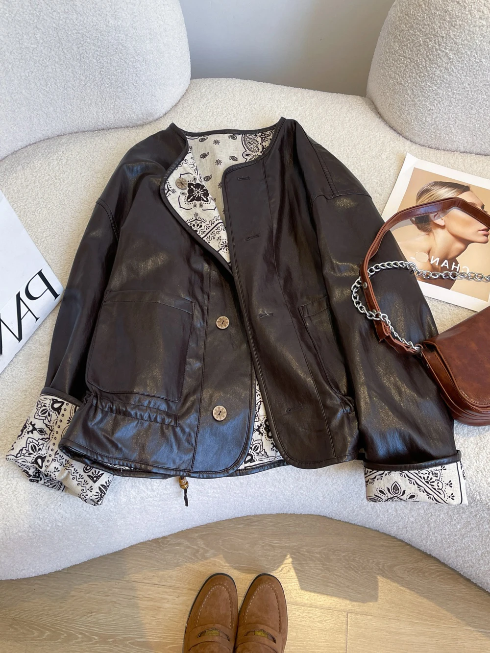 الرجعية الحلو بارد Sle طويلة Sve جولة Ne Leather Jaet ex ربيع الخريف فضفاض التخسيس معطف دافئ عارضة أعلى #1