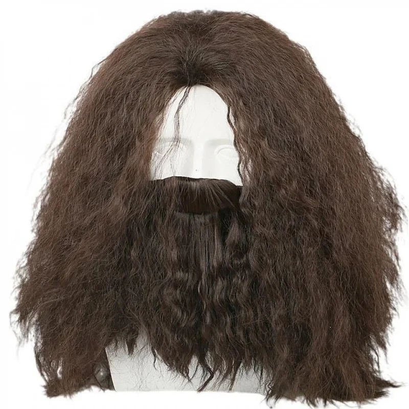 Hagrid Movie Cosplay Brown Long Curly Hair Beard Accessories Halloween Wig