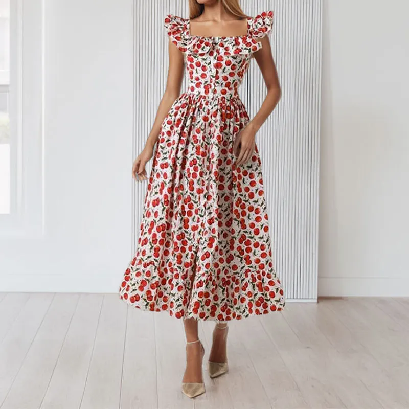 Mode Bloemen Verstoorde Vierkante Kraag Vrouwen Jurk Casual Vliegende Mouwen Hoge Taille Grote Vest Elegant Vrouwelijk Overhemd Een Lijn Jurk