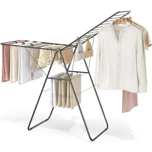 

Black Portable Metal Clothes Drying Rack, Adjustable Height, Foldable Design For Indoor And Outdoor Laundry Use