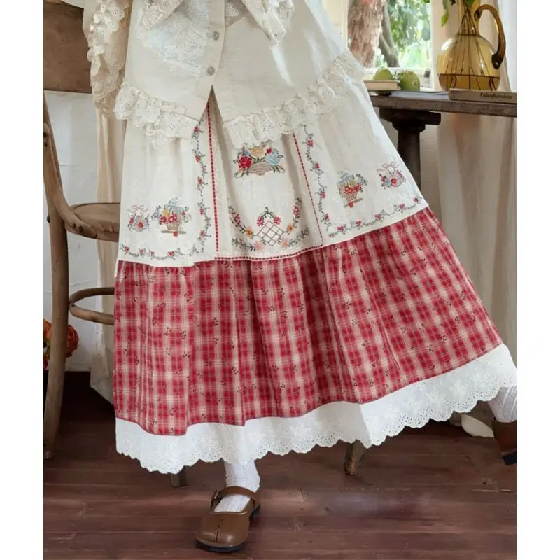 Womens Vintage Bohemian Mori Girl A-Line Maxi Skirt Spring Summer Sweet Kawaii Lace Ruffle Embroidery Patchwork Plaid Long Skirt