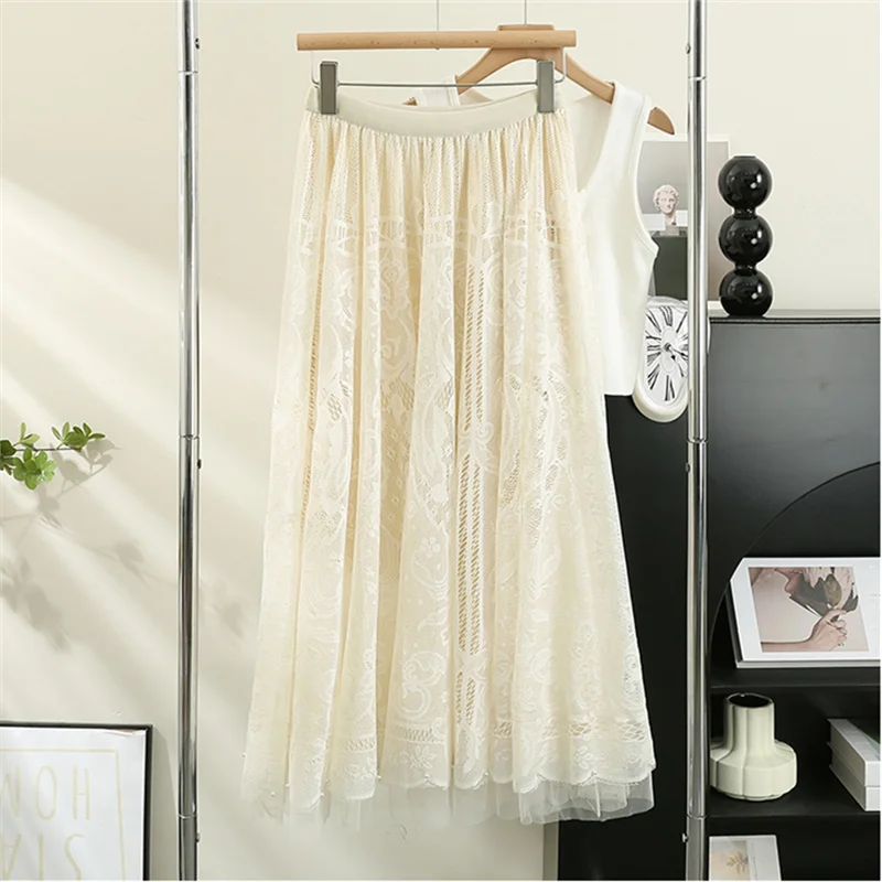 New Summer Beading Embroidery Mesh Skirt Women Elastic High Waist Hollow Out Lace Skirts Ladies A-Line Large Hem Long Skirt Saia