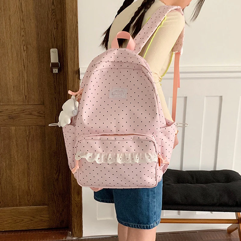 Modischer Rucksack, Damen-Schulrucksack mit Polka-Dot-Muster, süßer Spitzenbesatz, koreanischer leichter Schulrucksack mit großer Kapazität für Mädchen und Studenten – Detail 17