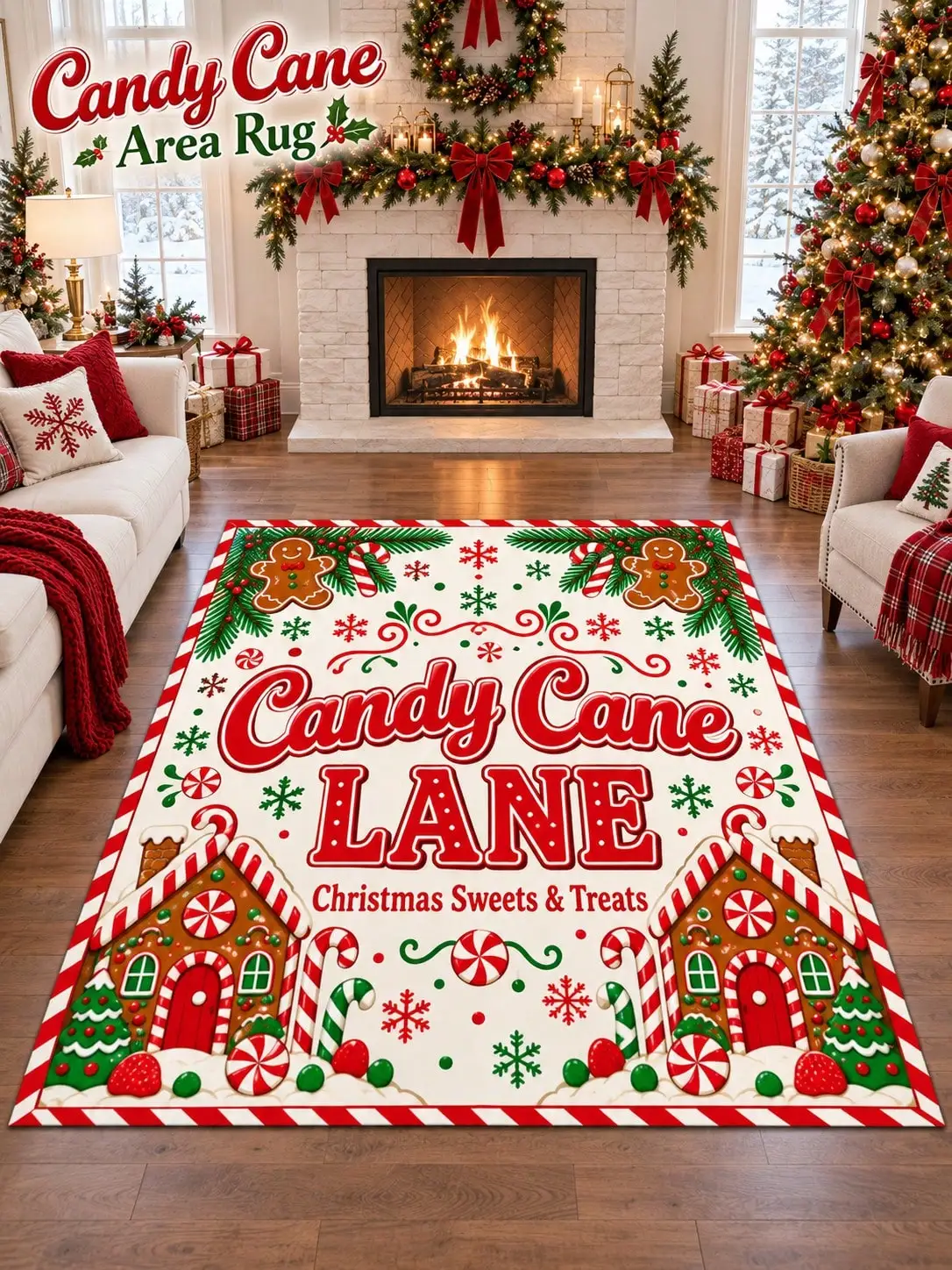 Christmas Rug Candy Canes Gingerbread Houses Living Room Bedroom Dining Area Entryway Floor Carpet Gift for Couples Family Neighbors Winter Thanksgiving Birthday Anniversary Housewarming Apartment Cabin Farmhouse Home Styling Sofa Side Reading Nook