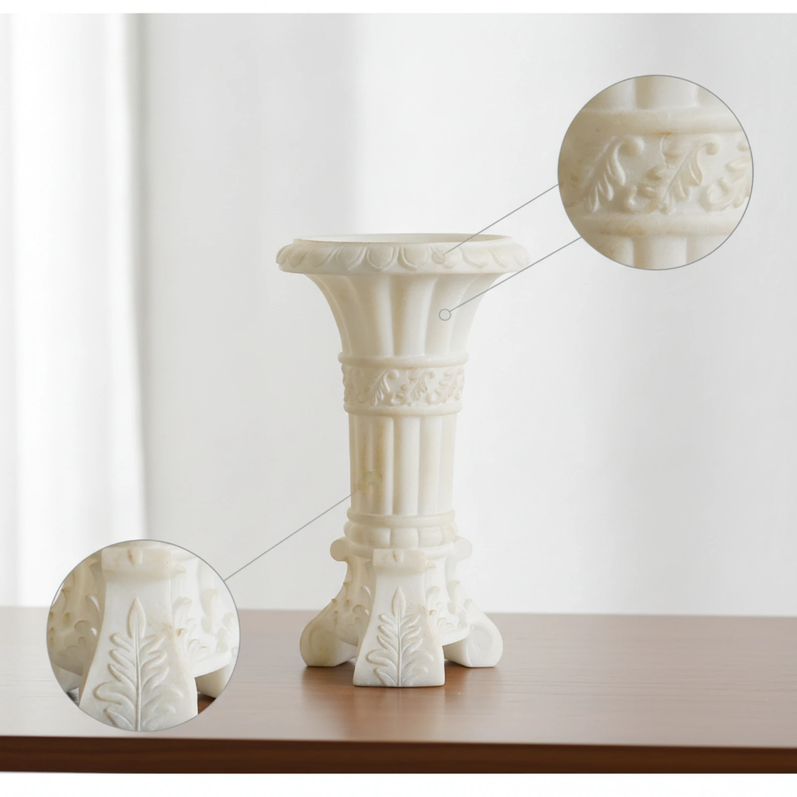 Sculpted Vase with Leaf Relief Carved Column Vase Flower Holder Tall Tabletop for Living Room, Entryway