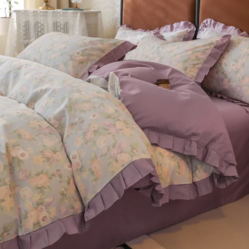 100% Pure Cotton Floral Print Bedding Set High Quality Comfortable Fitted Sheet Kit with Lace Bedclothes for Single and Double
