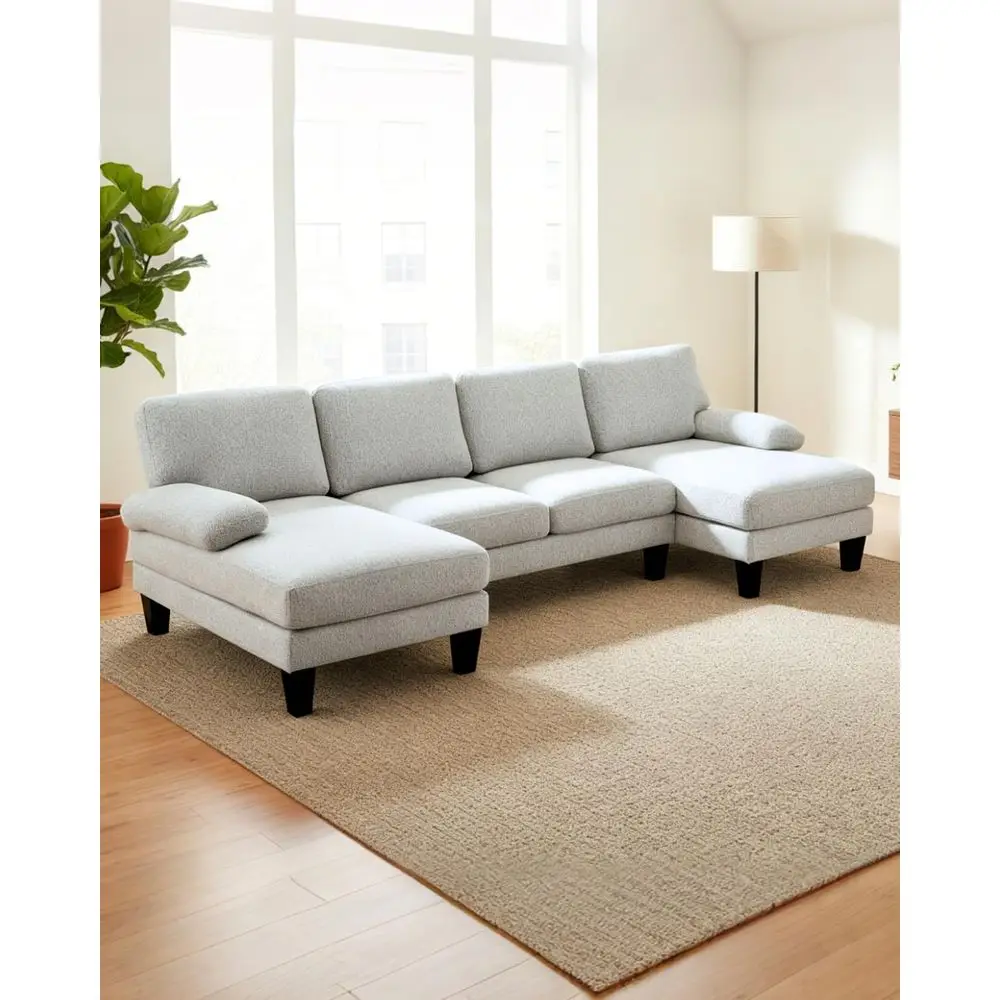 

4-местный диван-уголок из синели с двумя шезлонгами и ножками под дерево, светло-серый