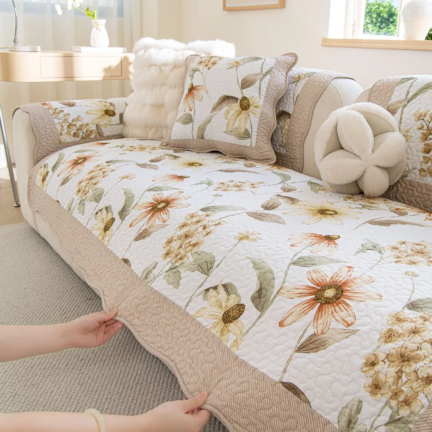 Printed Floral Washable Cotton Sofa Cushion All Season Universal Seat Pad Couch L Shaped Sectional Non-slip Dustproof Sofa Cover