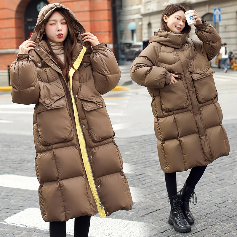 

Winter Women's Long Down Jacket Thickened 90 Duck Down Jacket Hooded Large Pockets Parka Slim and Thin Oversized Women's Coat