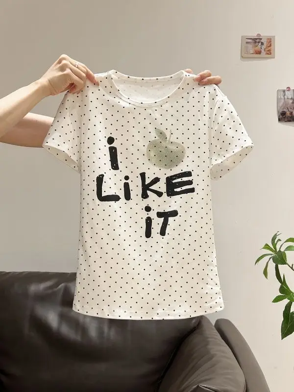 Czysta Bawełna Koreańskie Słodkie Urocze Koszulki w Białe Kropki Zabawny Nadruk \"I Like It\" Unikalne T-shirty Y2K Młodzieżowe Damskie Lata 2000 Retro Letnia Koszulka