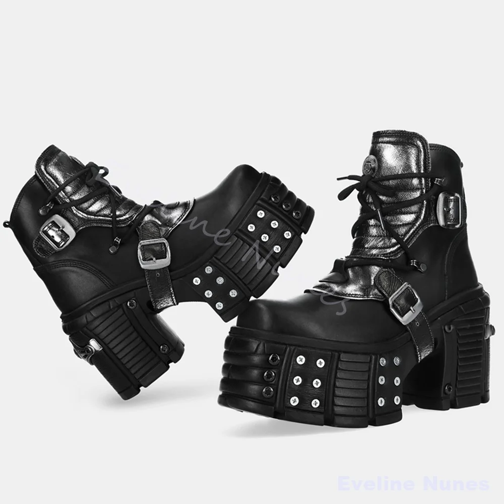 

Rock Metal Punk Boots Women Hot Girl Belt Buckle Platform Cross Tied Super High Heel Punk Style Ankle Boots New Fashion Boots