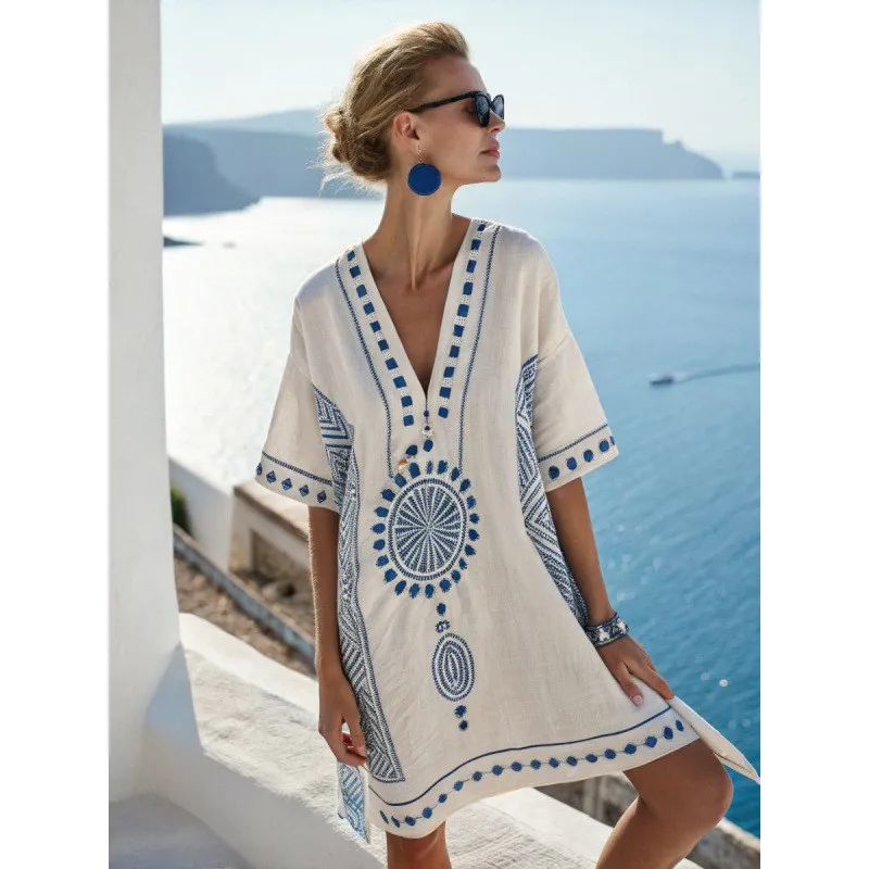 

Summer Loose Short Sleeve Boho Dresses Casual Retro Ethnic Beach Style Dress Elegant Striped Print V Neck Holiday Dress Vestidos